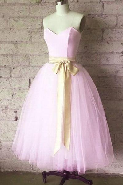 Elegant Light Pink Tulle Tea Length Wedding Party Dress With Belt, Charming Formal Gowns, Formal Dress