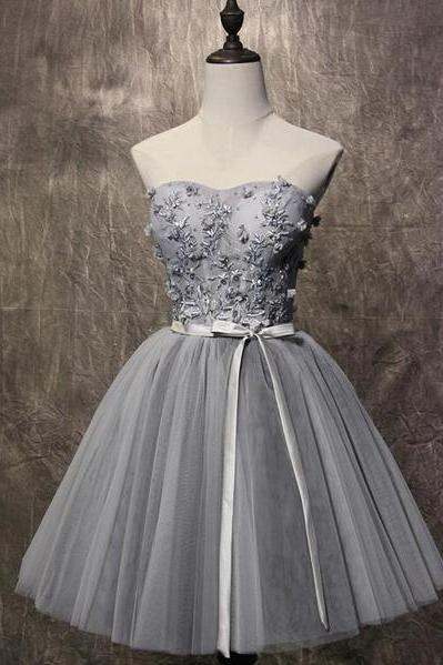 Lovely Tulle Short Grey Tulle ?lace Up Short Dresses Homecoming With Applique, Teen Party Dress, Woman Formal Dresses