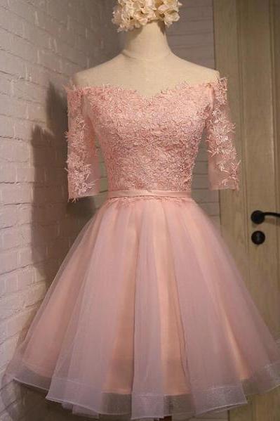 Pink Off Shoulder Sweetheart Short Homecoming Dresses, Sweet Pink 16 Party Dresses