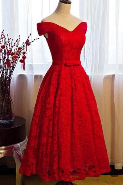 Red Lace Vintage Off Shoulder Tea Length Party Dress, Red Formal Dress, Beautiful Dresses