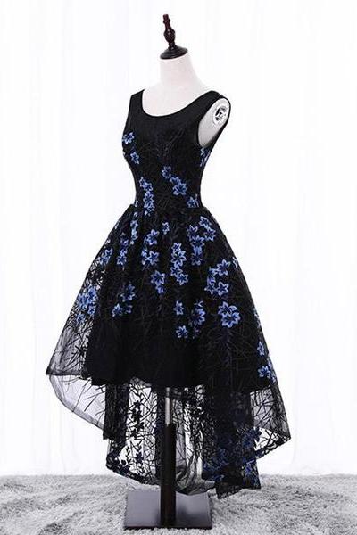 Black Elegant High Low Party Dresses, Beautiful Homecoming Dresses, Floral Formal Dress