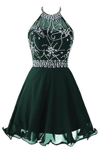 Dark Green Beaded Short Homecoming Dress , Beaded Party Dress, Halter Short Prom Dress