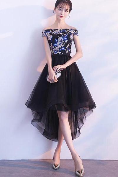 Elegant High Low Embroidery Off Shoulder Party Dresses, Black Homecoming Dresses, Cute Party Dresses
