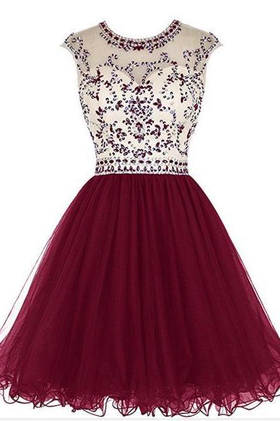 Tulle Beaded O-neckline Short Homecoming Dresses , Cute Party Dresses, Short Prom Dresses