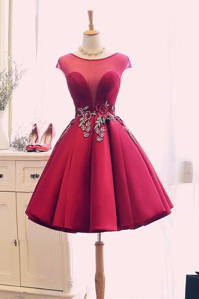 Dark Red Satin With Embroidery Knee Length Elegant Party Dress, Beautiful Red Homecoming Dress
