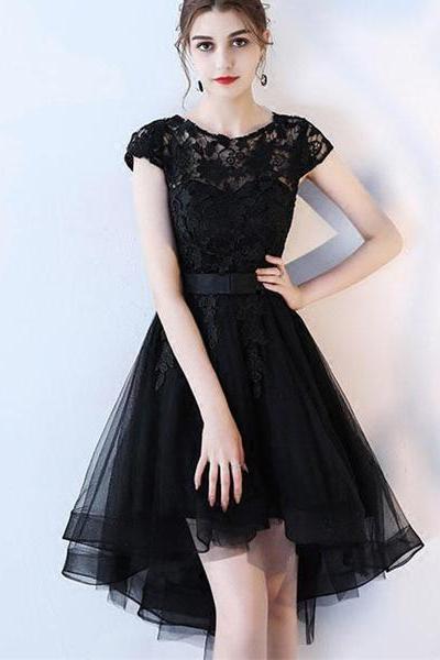 Black Homecoming Dress , High Low Tulle And Lace Formal Dress, Prom Dress