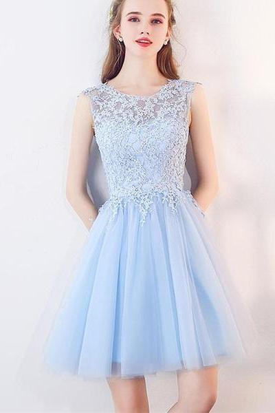 Light Blue Tulle Round Neckline Lace Cute Party Dresses, Short Formal Dress, Graduation Dresses