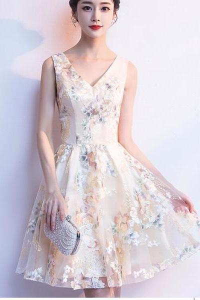 Beautiful Light Champagne V-neckline Floral Short Party Dress, Cute Formal Dresses, Prom Dresses