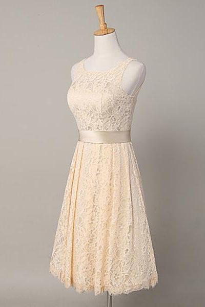 Lovely Lace Champagne Short Wedding Party Dresses,sleeveless Bridesmaid Dress With Sash