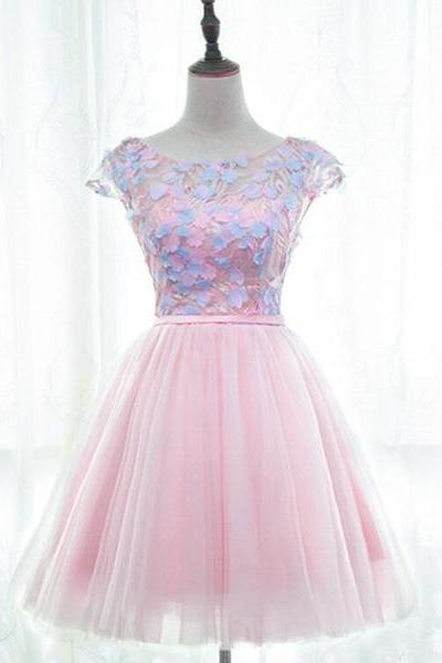 Pink Tulle Cute Girls Party Dresses, Lovely Short Round Neckline With Flowers Party Dresses