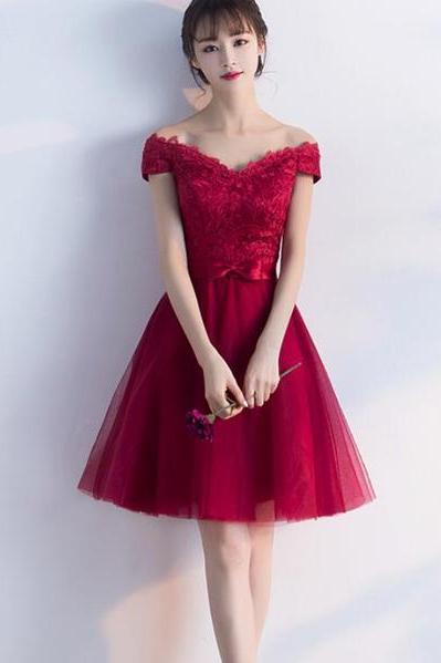 Wine Red Homecoming Dresses , Off Shoulder Short Party Dress, Formal Dresses