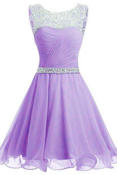 Lavender Chiffon Short Sequins And Beaded Short Party Dress, Chiffon Formal Dress, Homecoming Dresses