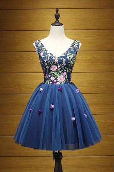 Blue V-neckline Homecoming Dresses, Cute Tulle Flowers Party Dress, Lace-up Formal Dresses