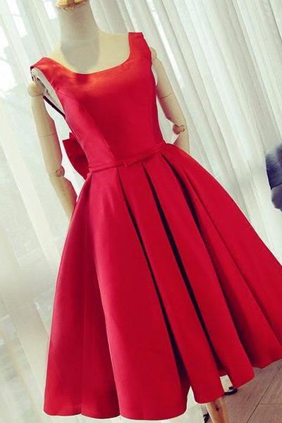 Red Satin Cute Party Dress With Bow, Satin Homecoming Dresses, Backless Formal Dresses