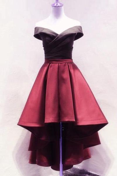 Black And Red High Low Satin Off Shoulder Party Dress, Satin Homecoming Dresses , Formal Dress