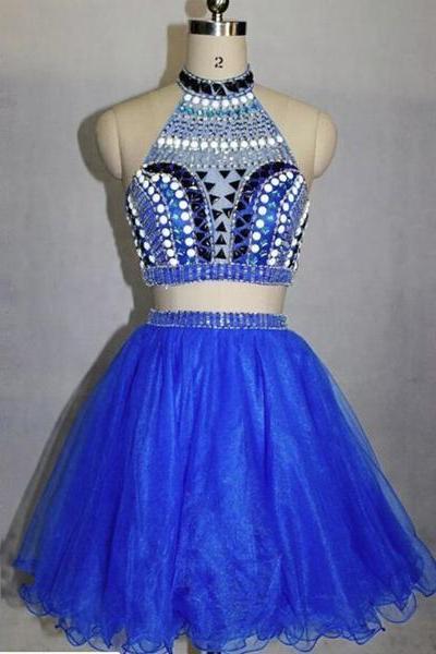 Two Piece Stylish Blue Party Dresses, Beaded Party Dress , Homecoming Dresses