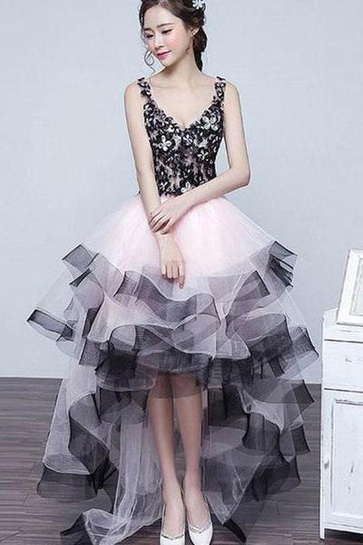 Charming Pink High Low Dress With Black Applique, Lovely Formal Dress , Homecoming Dresses