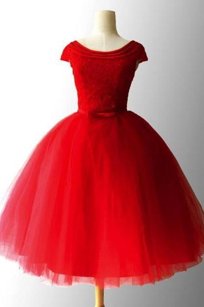 Red Tulle Round Neckline Party Dress, Vintage Red Party Dress, Beautiful Formal Dress, Homecoming Dress