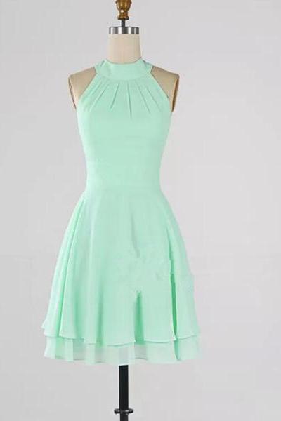 Mint Green Chiffon Halter Knee Length Bridesmaid Dress , Wedding Party Dresses