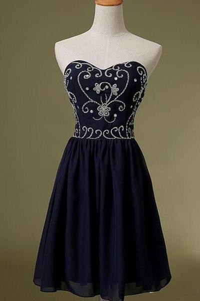 Navy Blue Chiffon Beaded Homecoming Dress, Sweetheart Pretty Party Dress, Formal Dress For Prom