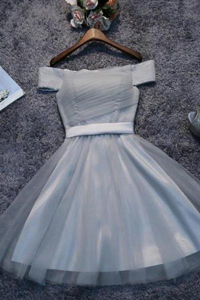 Grey Tulle Homecoming Dresses, Off Shoulder Short Party Dress, Knee Length Formal Dress