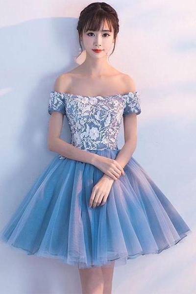Blue Tulle Party Dress With White Lace, Off Shoulder Style Homecoming Dresses
