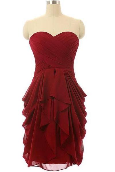 Dark Red Sweetheart Chiffon Short Bridesmaid Dress With Cascade Skirt, Wine Red Bridesmaid Dress