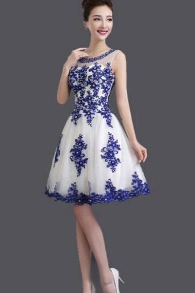 Pretty Blue Applique White Tulle Formal Dress, Lovely Party Dress, Graduation Dresses
