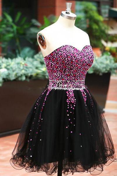 Gorgeous Black Homecoming Dresses, Beaded Sweetheart Cute Formal Dress, Sweetheart Short Prom Dress