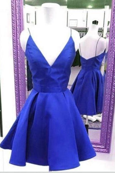 Royal Blue Short V-neckline Mini Homecoming Dress, Cute Party Dress, Simple Satin Party Dress