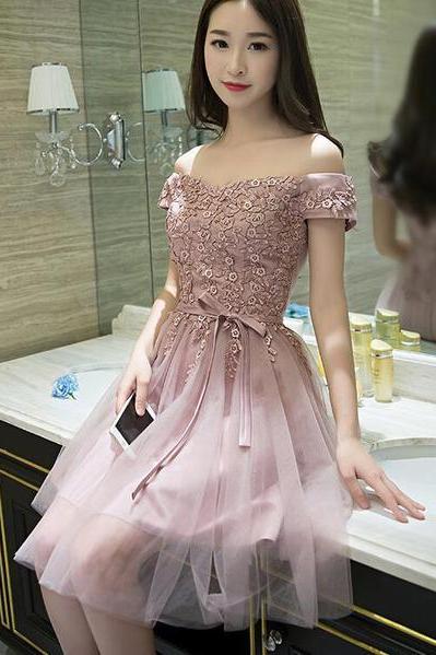 Dark Pink Tulle Off Shoulder Short Formal Dress, Bridesmaid Dresses For Pink Weddings, Pink Party Dress