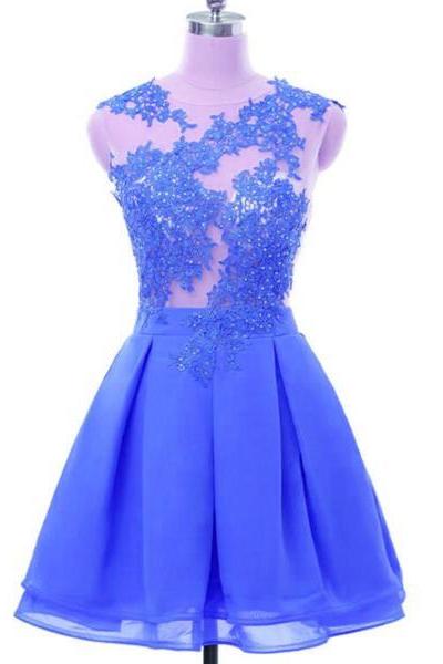 Blue Short Applique Backless Party Dress, Sexy Short Formal Dress, Short Women Evening Dress
