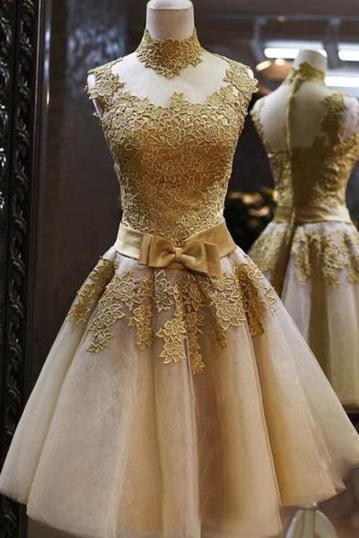 Gold Short Knee Length Lace Homecoming Dress , Short Prom Dress, Pretty Formal Dresses