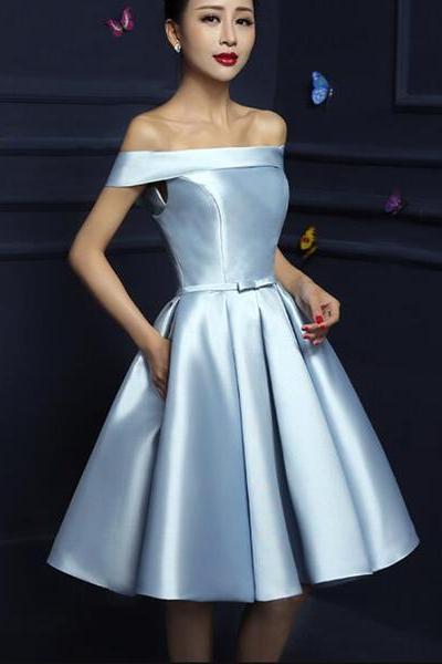 Cute Satin A-line Short Homecoming Dress , Off Shoulder Lace-up Formal Dress