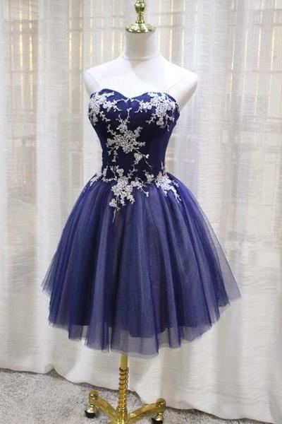 Blue Sweetheart With Applique Ball Homecoming Dresses, Dark Blue Tulle Short Party Dress
