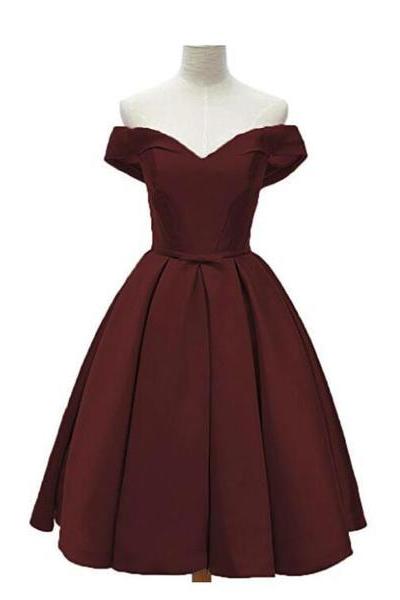 Off Shoulder Satin Burgundy Lace-up Homecoming Dress, Short Party Dress, Red Party Dresses