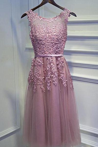 Lovely Dark Pink Beaded And Applique Cute Tea Length Tulle Formal Dress, O-neckline Party Dress