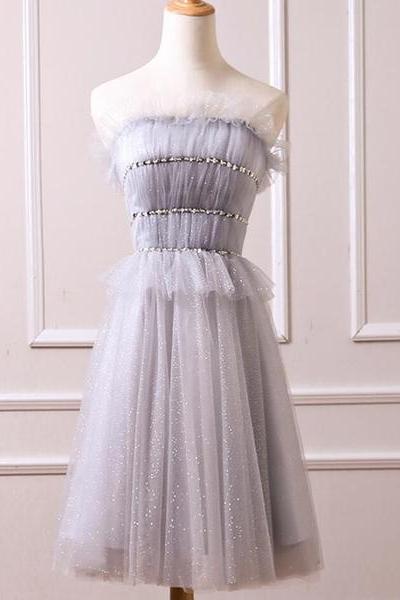 Grey Tulle Beaded Short Party Dress, Grey Tulle Formal Dress, Homecoming Dress 2k18