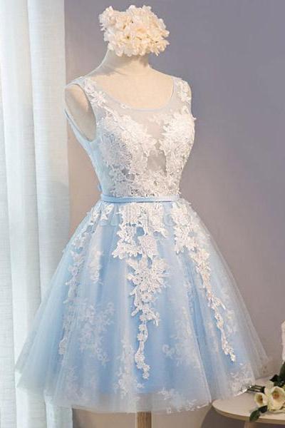 Blue Simple Tulle Homecoming Dress Lace Applique, Baby Blue Sash Backless A Line Knee Length Formal Dress