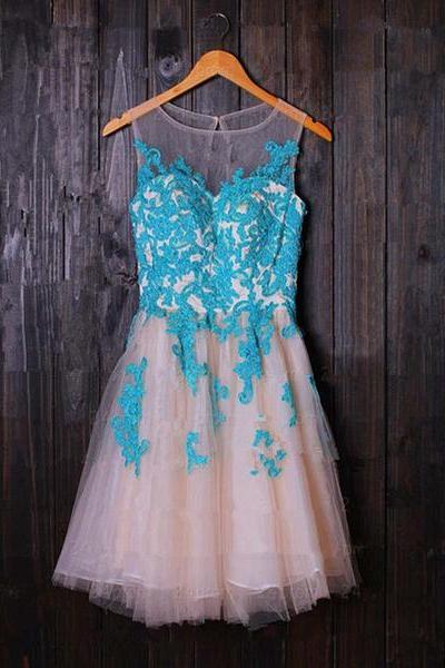 Tulle Round Neckline Short Applique Party Dress, Pretty Graduation Dress , Handmade Party Dress