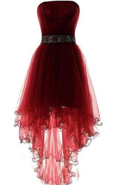 Dark Red High Low Formal Dress With Beaded Belt, High Low Formal Dress, Tulle Party Dresses