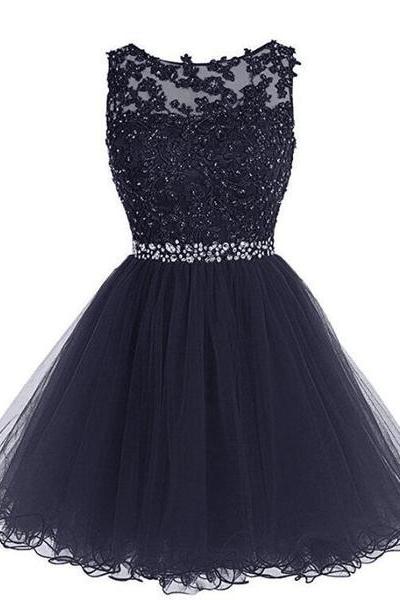 Navy Blue Tulle Homecoming Dress , Cute Tulle Handmade Formal Dress, Knee Length Party Dress