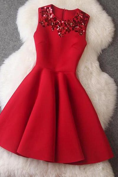 Red Gorgeous Short Sleeveless Women Dress With Sequins, Cute Women Dresses