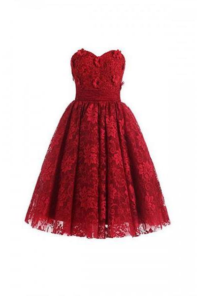 Red Lace Flowers ?sweetheart Party Dress, Lace Graduation Dress, Homecoming Dress
