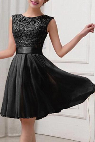 Black Chiffon And Lace Sleeves Knee Length Bridesmaid Dress, Black Party Dress, Short Prom Dress