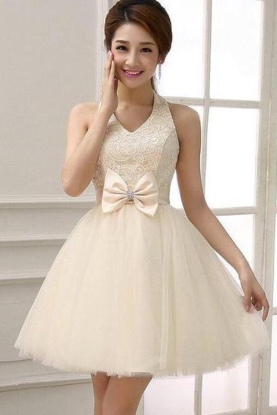 Champagne Halter V-neckline Knee Length Lace With Bow Party Dress, Champagne Homecoming Dresses