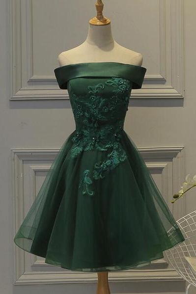 Green Tulle And Satin Lovely Short Party Dress, Off Shoulder Party Dress , Formal Dresses