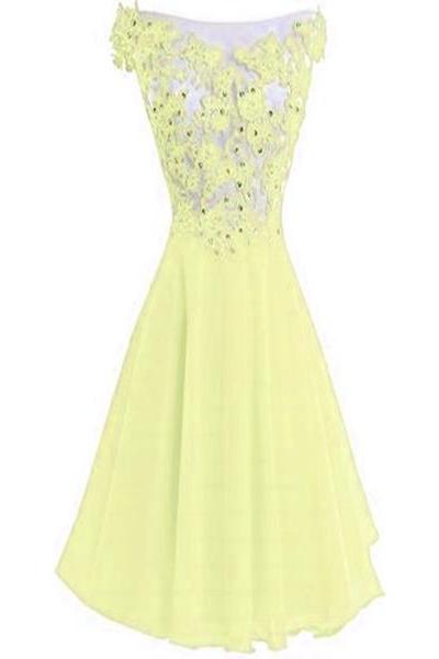 Light Yellow Round Chiffon Lace Applique Homecoming Dress, Lovely Short Party Dress, Formal Dress