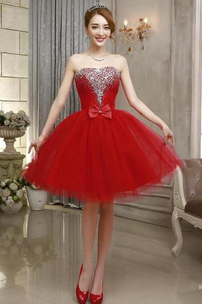 Red Tulle Beaded Sparkle Homecoming Dresses, Lovely Girls Formal Dress, Red Short Prom Dress
