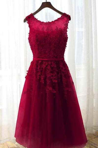 Beautiful Wine Red Tulle Tea Length Homecoming Dresses, Beaded Pretty Vintage Style Prom Dress